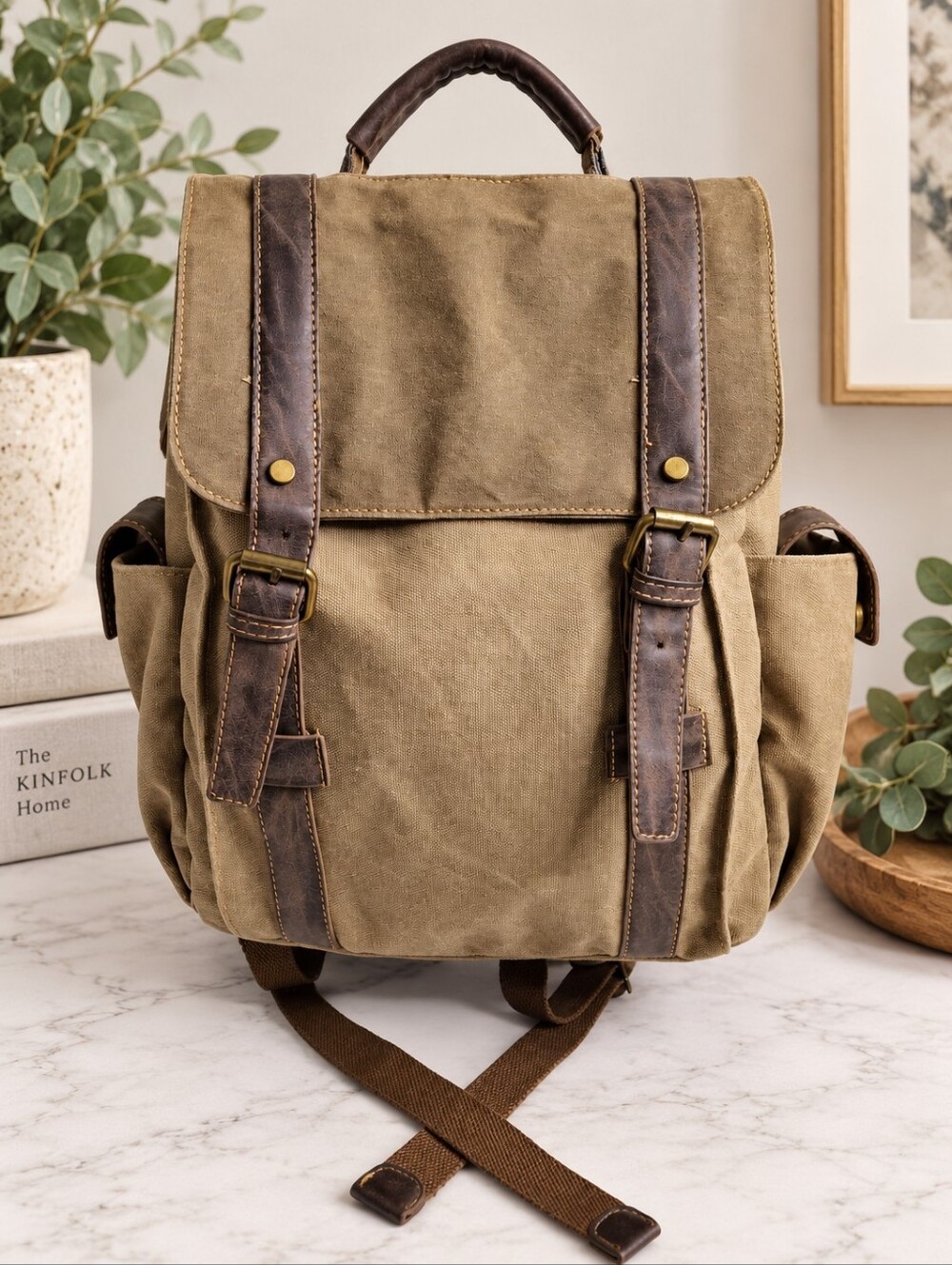 Cargo It Khaki Canvas Brown Trim Rucksack Backpack Travel Bag